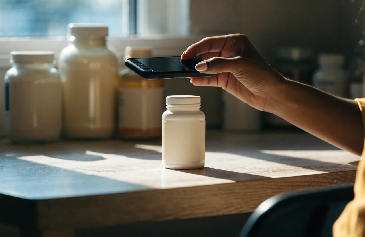 A hand holding an unbranded supplement bottle up to a warm lamp to check the pack