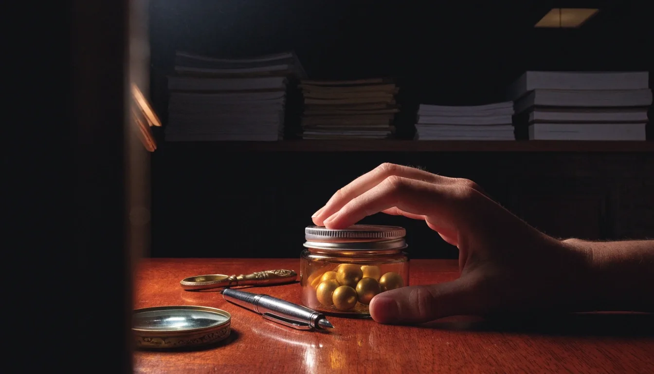 A low-lit editorial desk with a magnifier, pen and one split-open capsule, most of the frame in shadow