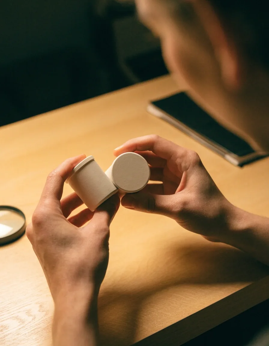 Hands comparing two unbranded supplement bottles on a desk under warm light