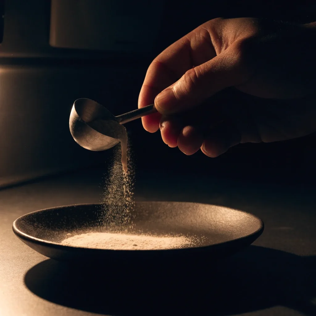 A scoop of fine pale powder on a dark ceramic dish under a warm bulb