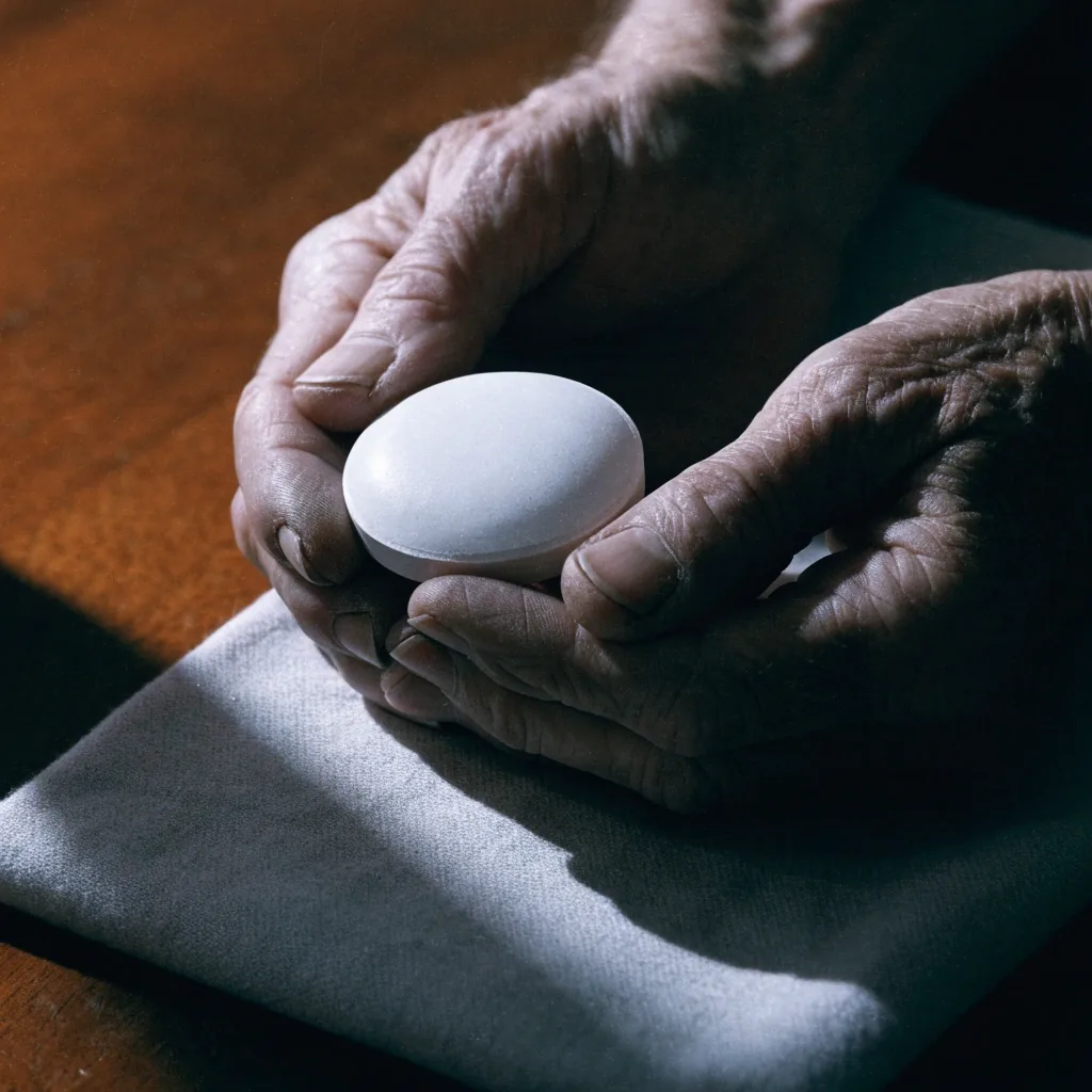 A large unlabelled white tablet on folded grey cloth under a warm side bulb