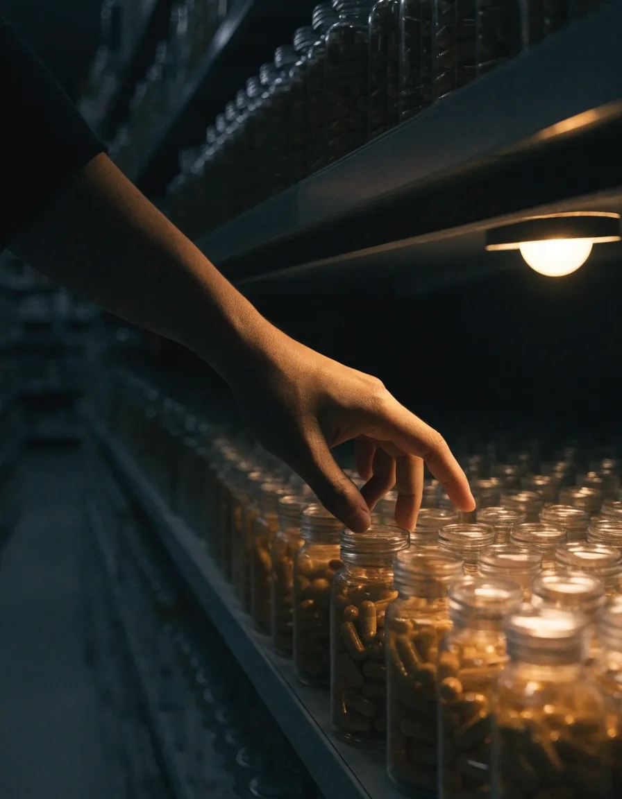 A hand lifting an unbranded bottle from a shelf rank under a warm rim light