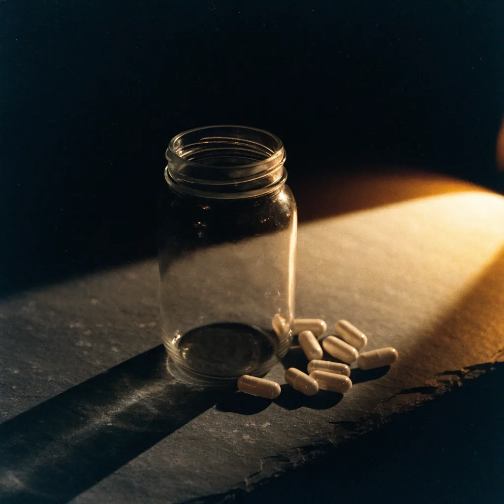 An open unbranded glass jar with pale capsules spilled beside it under a warm bulb