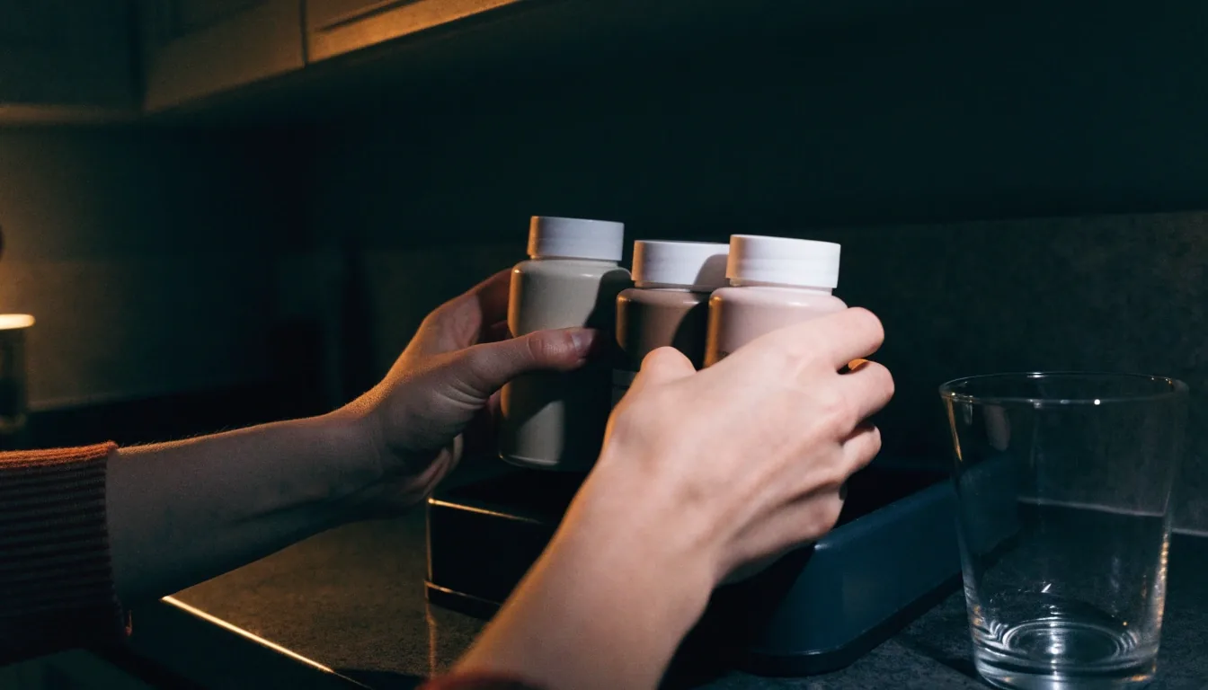 Three unbranded jars on a shelf at night with warm light pooling on the middle one