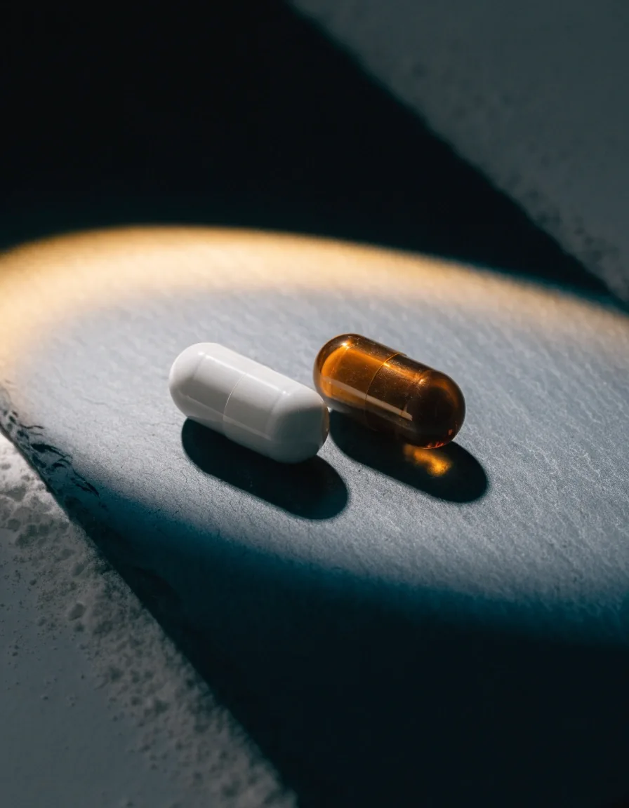 Two unlabelled capsules side by side on a slate tile under a warm pool of light