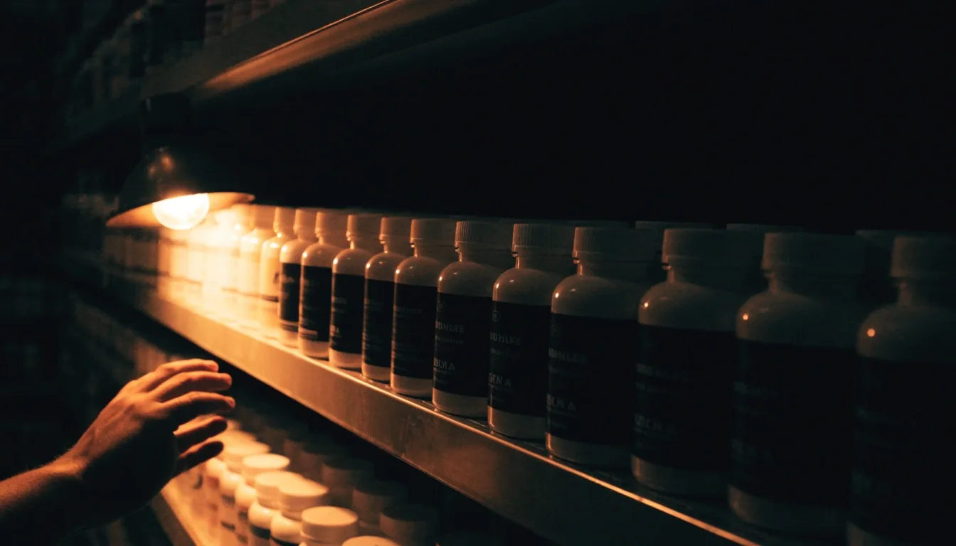 Unbranded supplement bottles on a night-shift drugstore shelf under a single warm bulb