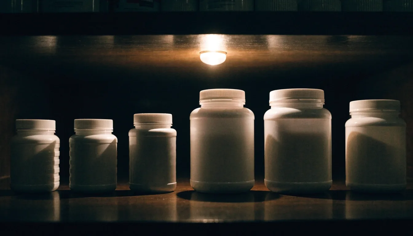 A rank of unlabelled supplement jars on a dark shelf under one warm bulb