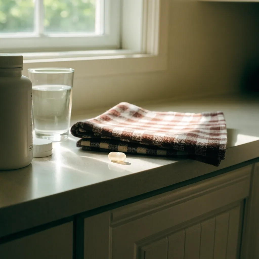 An unlabelled supplement bottle, a glass of water and one capsule on a folded towel on a kitchen counter