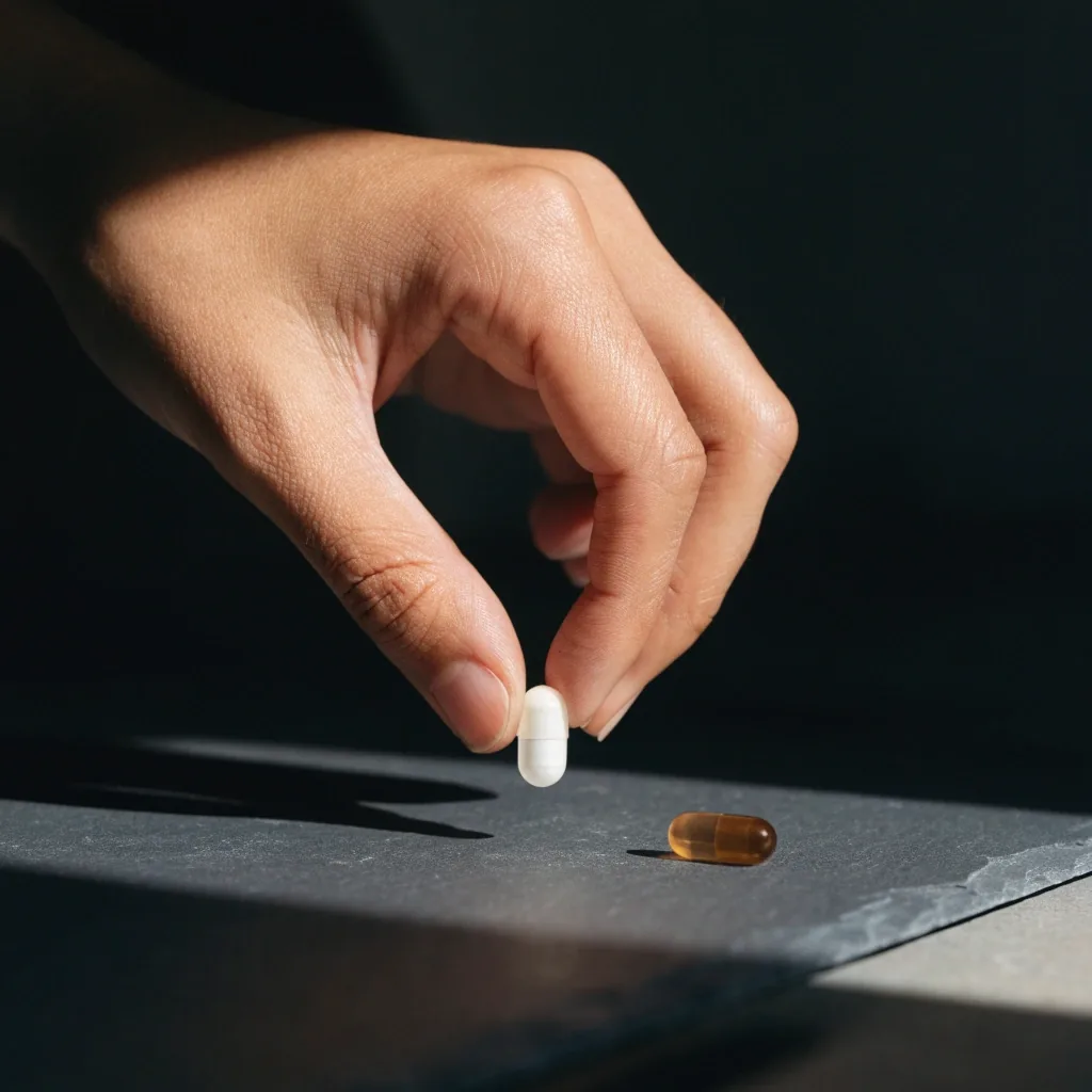 Two unlabelled capsule formats side by side on dark slate under a warm pooled light