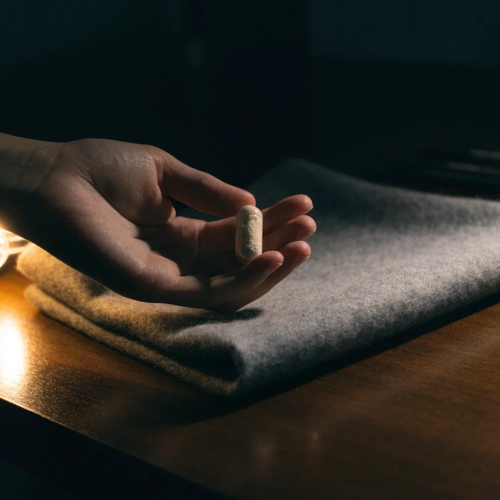 A desk under one warm bulb with an open binder, a loupe, a pen and an unlabelled split-open capsule