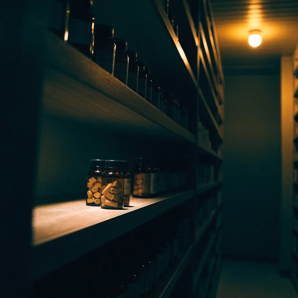 A dim pharmacy aisle at night with a rank of unlabelled bottles under one warm bulb