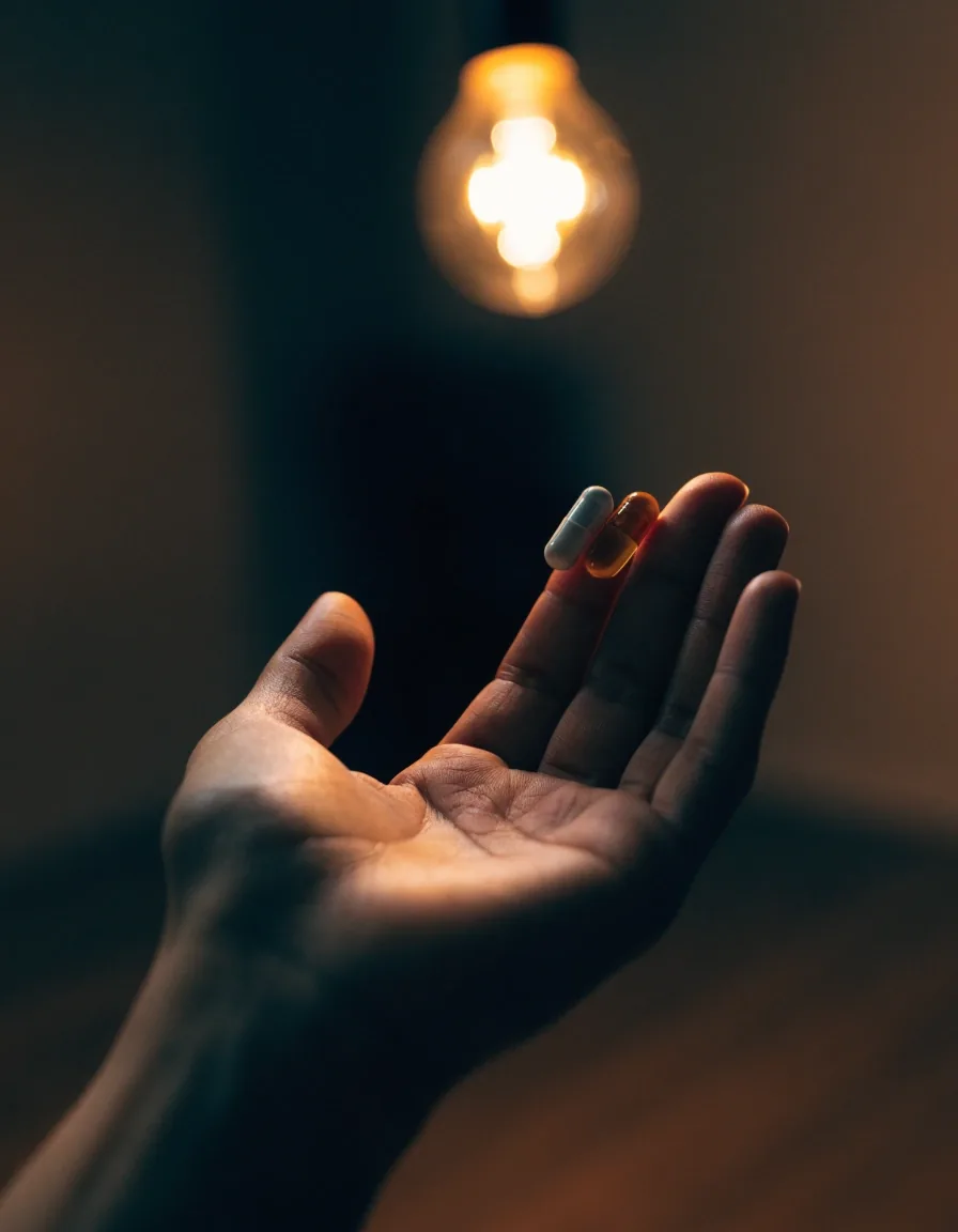 An open hand holding two unlabelled capsules up to a warm bulb in a dim room