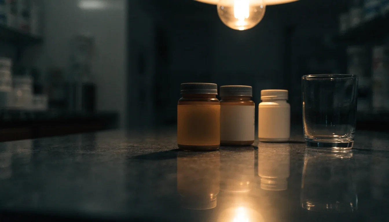 Unbranded supplement jars and an empty glass pooled in warm light on a dim pharmacy counter