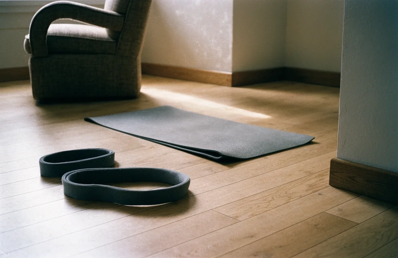 Cleared living-room floor with a mat and a sturdy chair within reach for a short movement session
