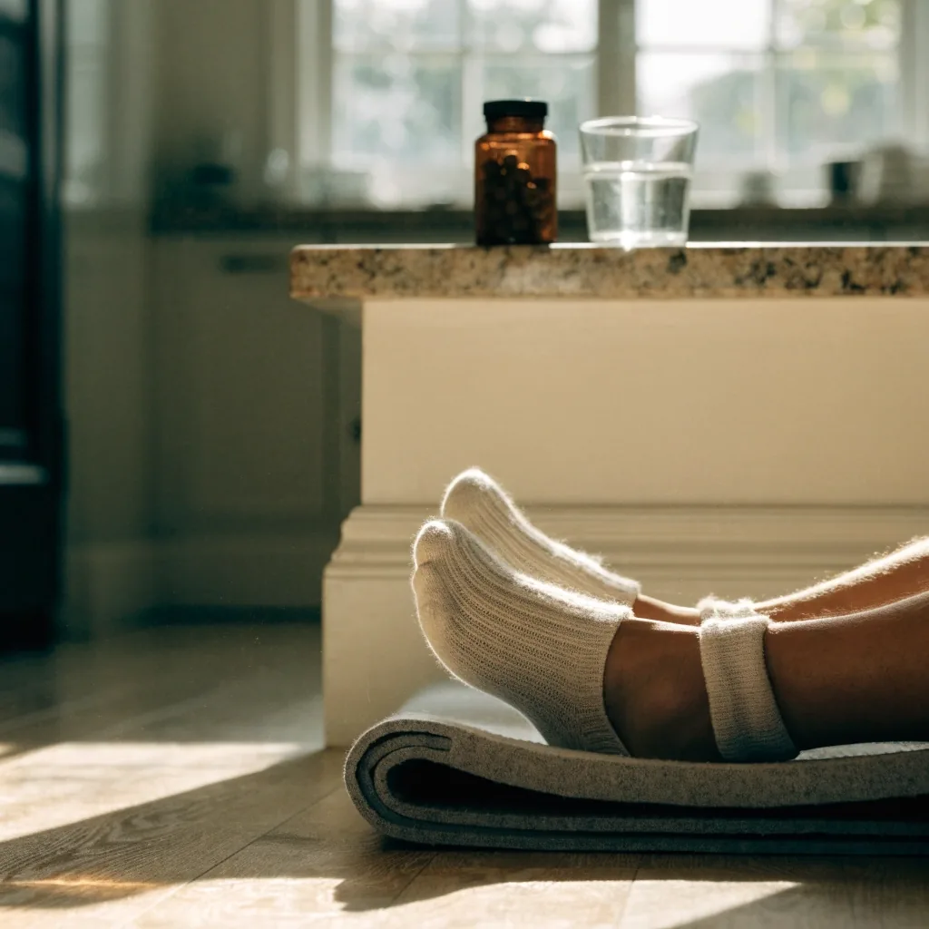 Unlabelled supplement tub and water on a kitchen counter beside a rolled exercise mat at breakfast
