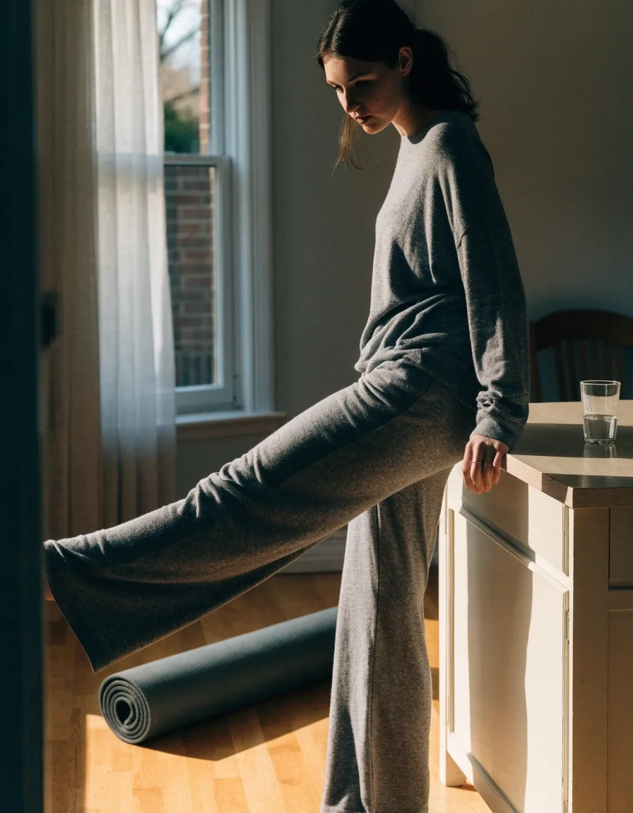 Woman balancing on one leg at a kitchen counter during a short morning movement routine