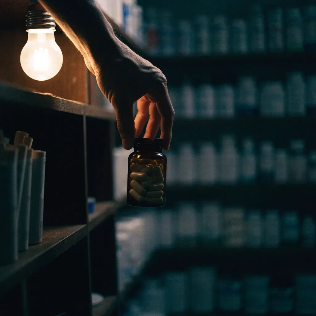 A rank of unbranded supplement jars in deep shadow under one warm bulb, the light catching the shoulder of the second jar