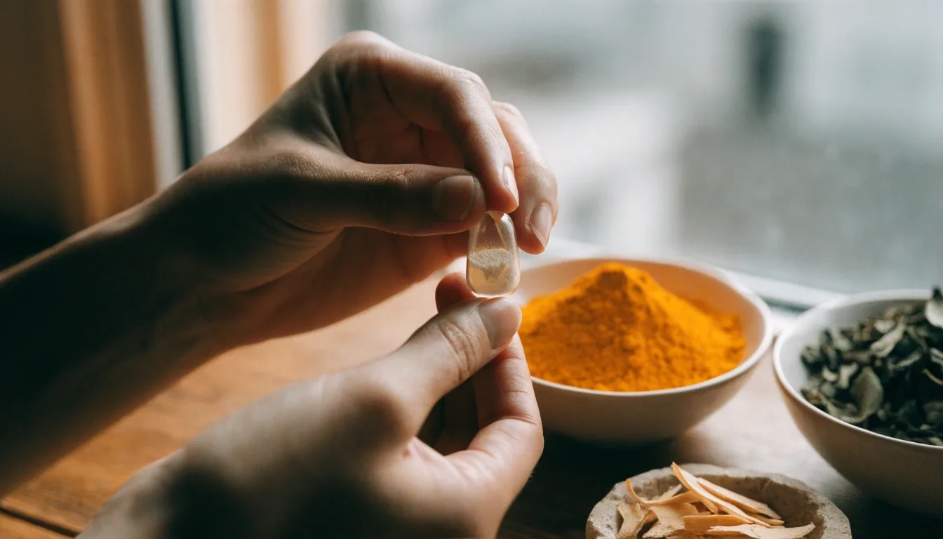 A split-open joint-mobility capsule with pale powder on slate, surrounded by dried leaves, root shavings and golden turmeric